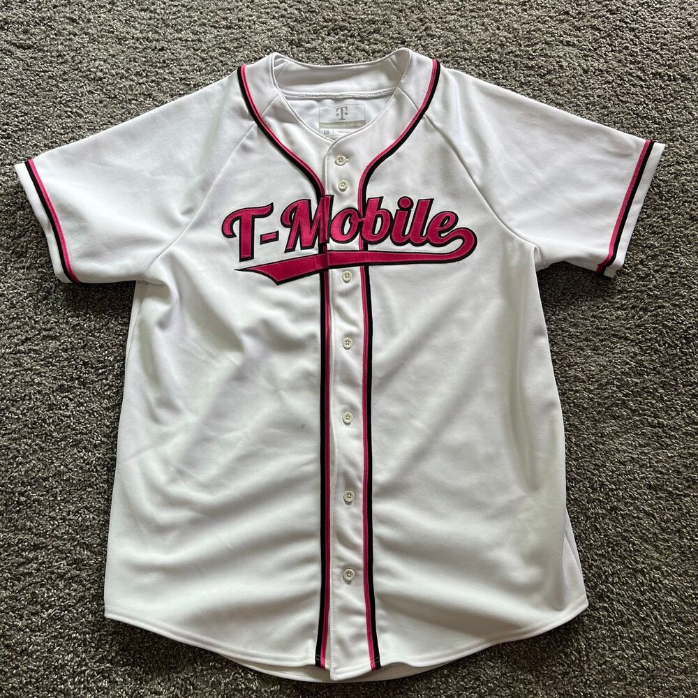 T-Mobile Baseball Jersey‎ Button Up Employee White Pink Stitched Size Large